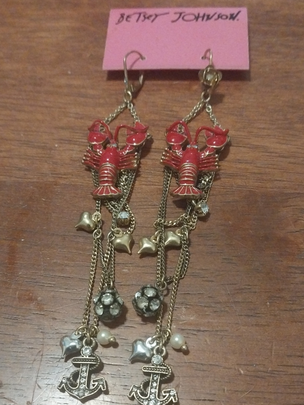 Betsey Johnson Red Lobster and Anchor Long Drop Earrings